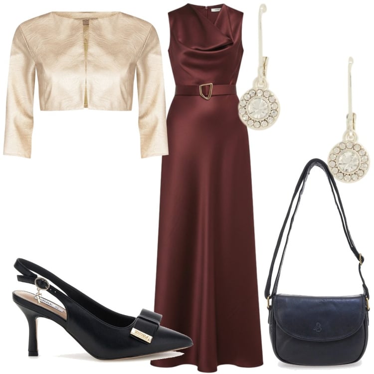 Outfit donna - Rinascimento: secondo matrimonio. Stile Glamour per Cerimonia. Abbinamento con vestiti lunghi, bolero, orecchini, borse a tracolla, décolleté.