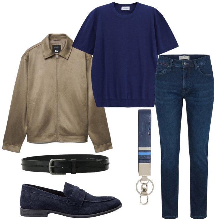 Outfit uomo - Total look #2387547. Stile Casual per Tutti i giorni. Abbinamento con giacche, cinture, t-shirt, portachiavi, jeans slim fit, scarpe stringate.