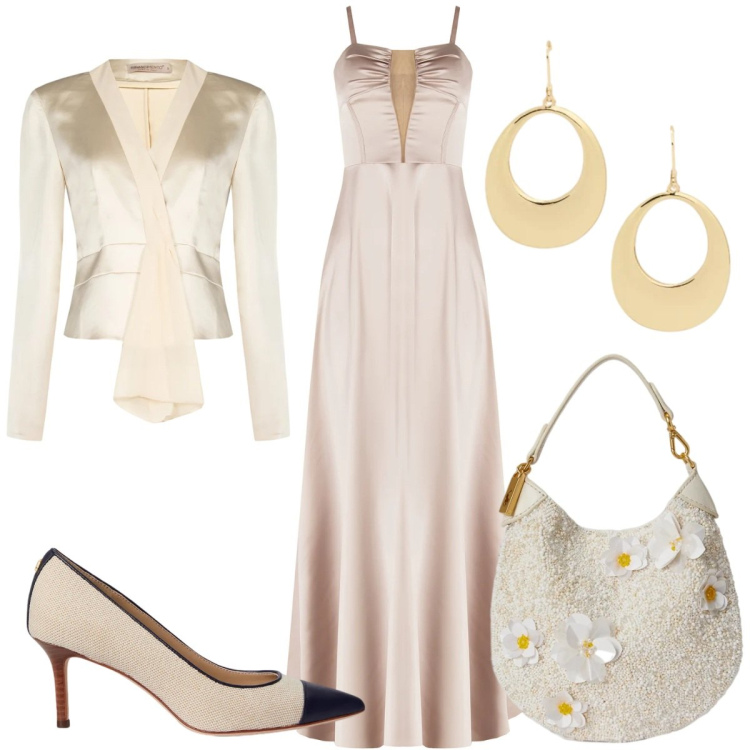 Outfit donna - Rinascimento Spring Elegance: compleanno. Stile Glamour per Cerimonia. Abbinamento con vestiti lunghi, blazer, décolleté, pochette, orecchini.