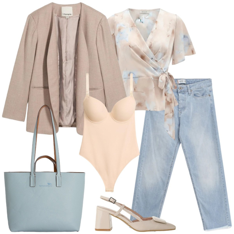 Outfit donna - Total look #2387551. Stile Casual chic per Tutti i giorni. Abbinamento con blazer, body, décolleté, bluse, jeans, shopping bag.