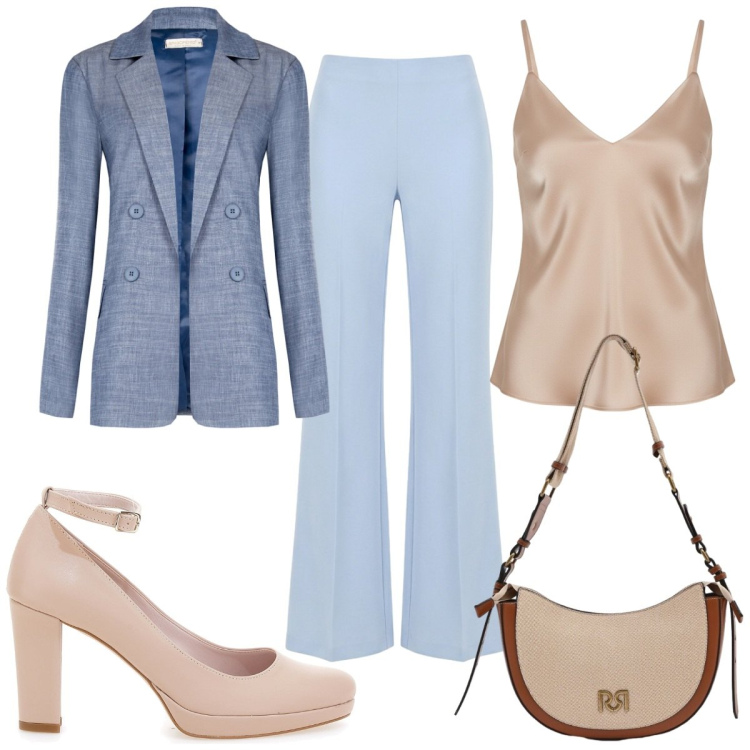 Outfit donna - Rinascimento Spring Elegance: laurea. Stile 70s per Cerimonia. Abbinamento con borse a tracolla, blazer, canottiere, pantaloni a palazzo, décolleté.