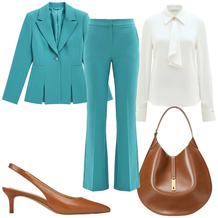 Outfit donna - Rinascimento Spring Elegance : cresima. Stile 70s per Cerimonia. Abbinamento con borse a spalla, décolleté, camicie, pantaloni a palazzo, blazer.