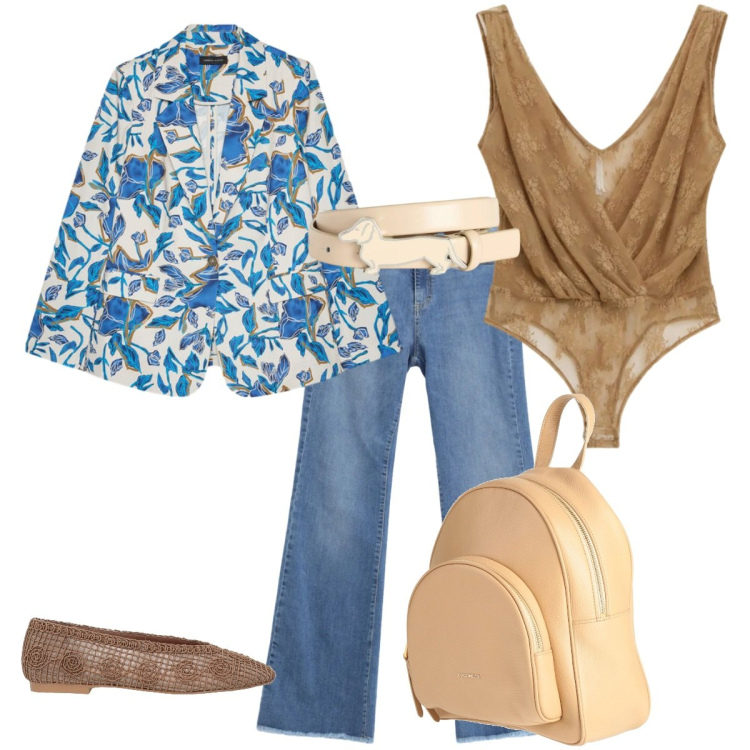 Outfit donna - Serata con gli amici. Stile Casual chic per Serata fuori. Abbinamento con zaini, ballerine, top, blazer, jeans, cinture.