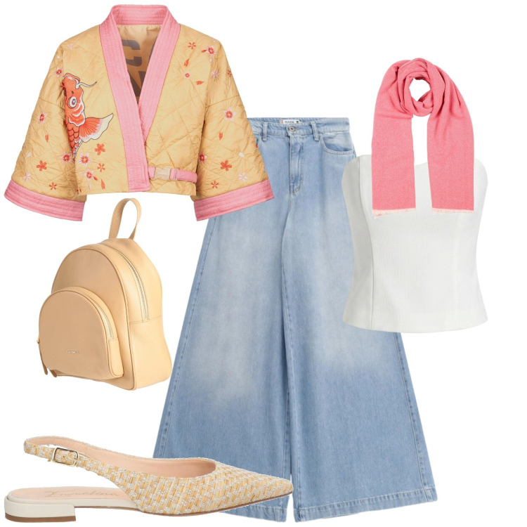 Outfit donna - Total look #2387558. Stile Chic per Tutti i giorni. Abbinamento con zaini, ballerine, sciarpe, top, jeans, kimono.