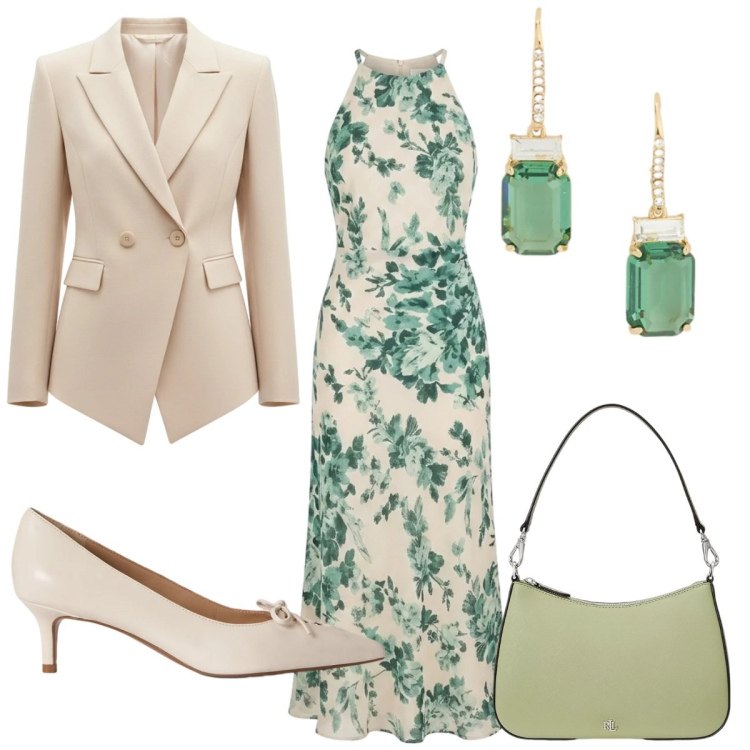 Outfit donna - Rinascimento: sorella della sposa. Stile Trendy per Cerimonia. Abbinamento con vestiti lunghi, blazer, borse a spalla, décolleté, orecchini.