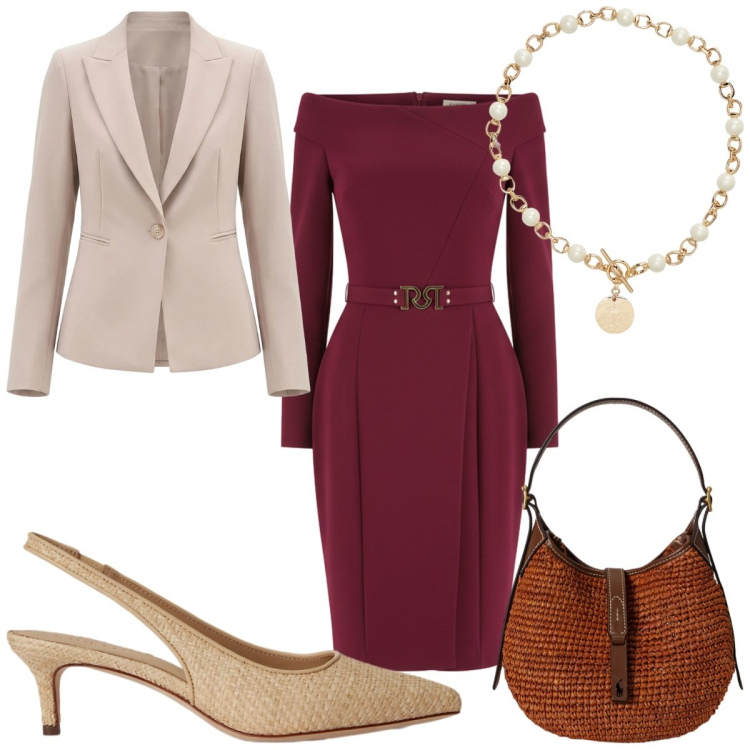Outfit donna - Rinascimento : mamma della sposa. Stile Glamour per Cerimonia. Abbinamento con vestiti asimmetrici, blazer, borse a spalla, collane, décolleté.