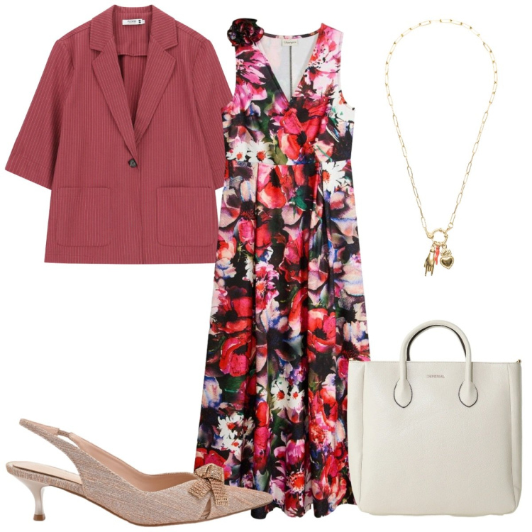 Outfit donna - Testimone di nozze. Stile Trendy per Cerimonia. Abbinamento con vestiti, borse a tracolla, décolleté, blazer, ciondoli.