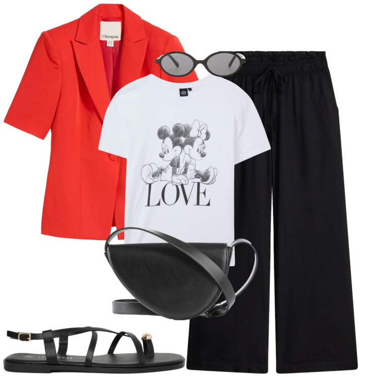 Outfit donna - City. Stile Urban per Tutti i giorni. Abbinamento con pantaloni a palazzo, borse a tracolla, blazer, t-shirt, sandali, occhiali da sole.