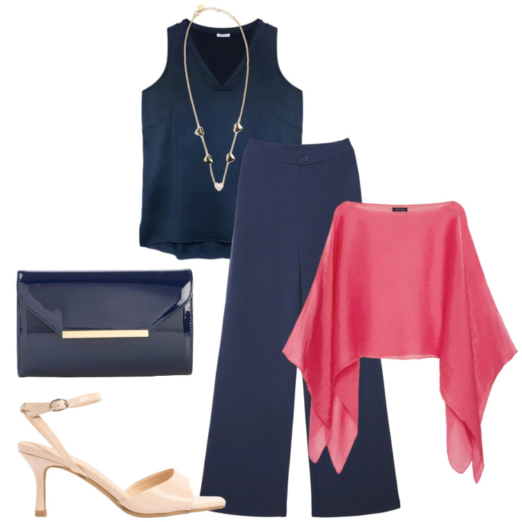 Outfit donna - Total look #2387567. Stile Minimal per Cerimonia. Abbinamento con pochette, sandali col tacco, pantaloni, blazer, top, collane.