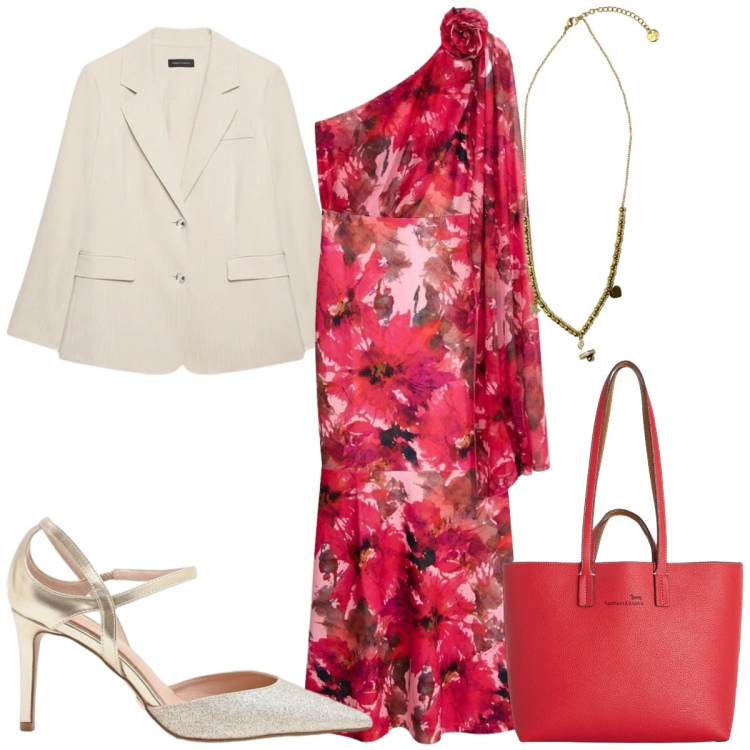 Outfit donna - Les fleurs sont belles: 18 anni. Stile Glamour per Cerimonia. Abbinamento con vestiti asimmetrici, décolleté, blazer, shopping bag, ciondoli.