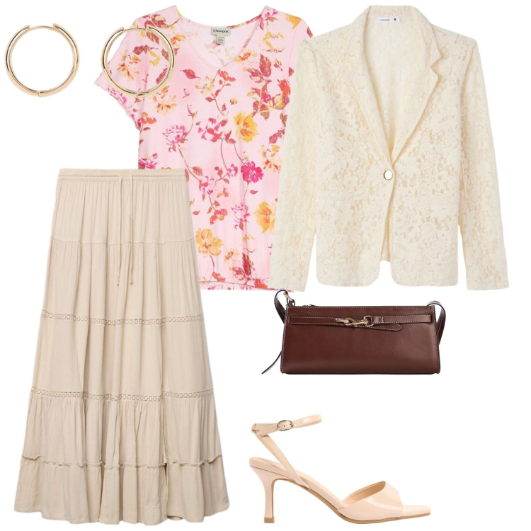 Outfit donna - Leggera primavera. per Tutti i giorni. Abbinamento con sandali col tacco, orecchini, bluse, borse a tracolla, blazer, gonne lunghe.
