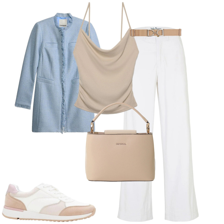 Outfit donna - City. Stile Sporty chic per Tutti i giorni. Abbinamento con jeans, blazer, sneakers, canottiere, cinture, borse a secchiello.
