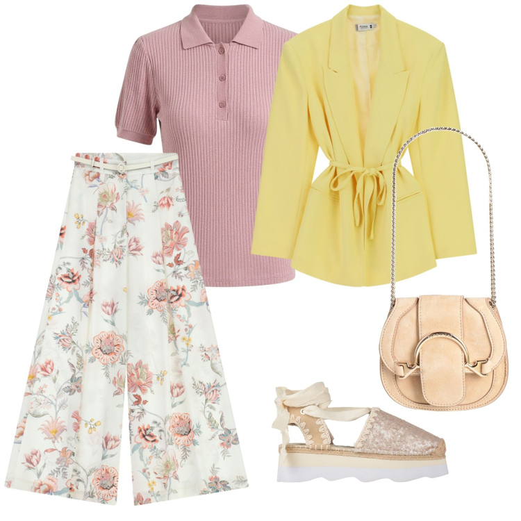 Outfit donna - Leggera primavera. per Tutti i giorni. Abbinamento con marsupi, décolleté, pantaloni a palazzo, polo, blazer.