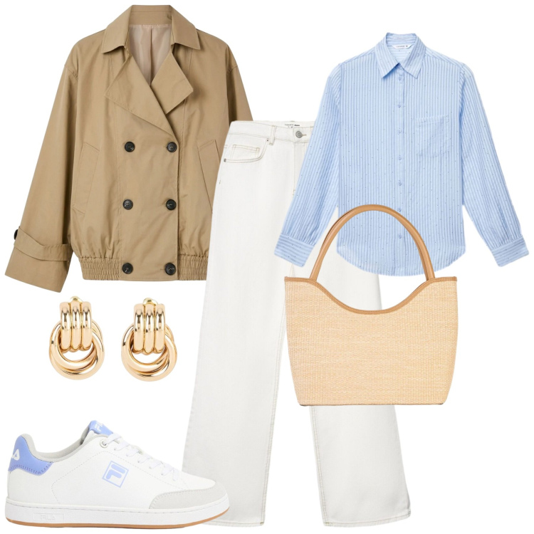 Outfit donna - City. Stile Casual chic per Tutti i giorni. Abbinamento con orecchini, sneakers, shopping bag, jeans, camicie, trench.