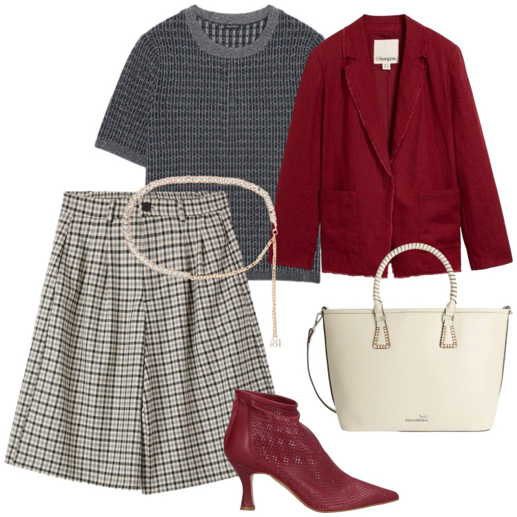 Outfit donna - I quadri. per Ufficio. Abbinamento con stivaletti, blazer, bermuda, cinture, maglieria, shopping bag.