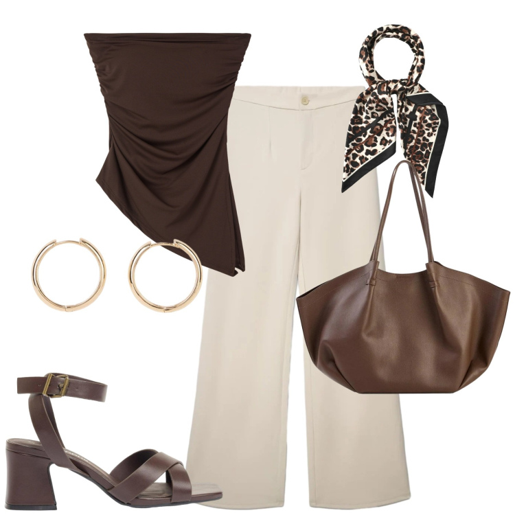 Outfit donna - City. Stile Urban per Tutti i giorni. Abbinamento con orecchini, sandali col tacco, shopping bag, pantaloni, top, foulard.