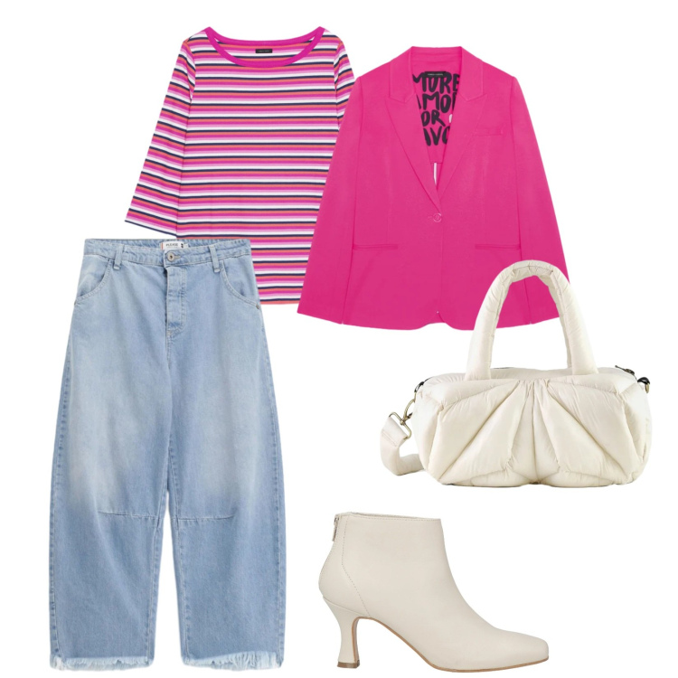 Outfit donna - Denim chiaro. per Tutti i giorni. Abbinamento con stivaletti, t-shirt, blazer, jeans, borse a mano.