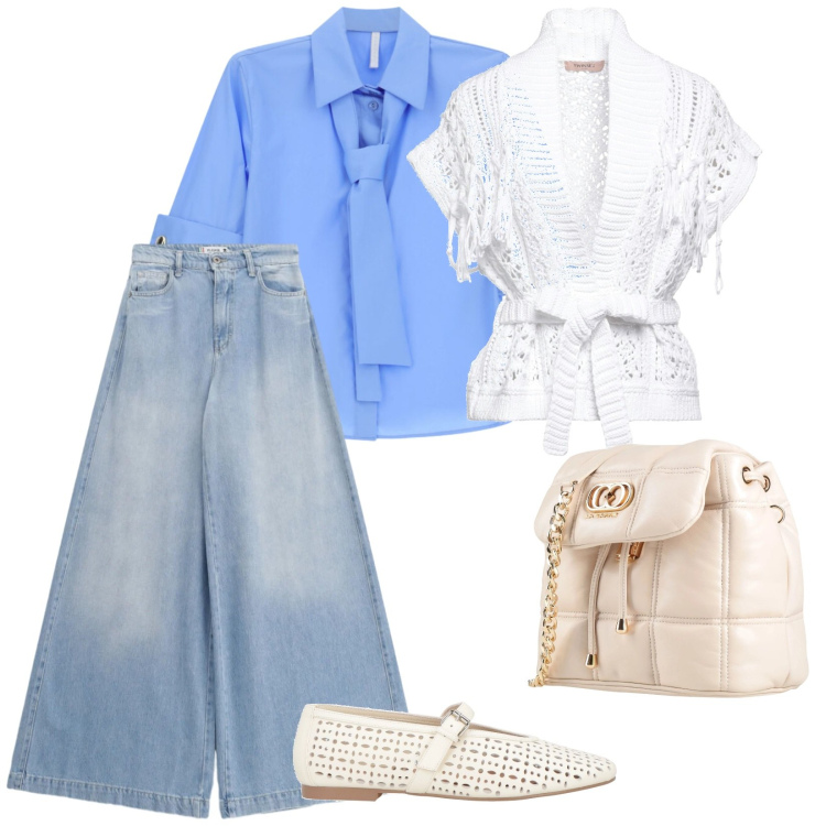 Outfit donna - Denim chiaro. per Tutti i giorni. Abbinamento con cardigans, valigie, ballerine, jeans, camicie a manica corta.