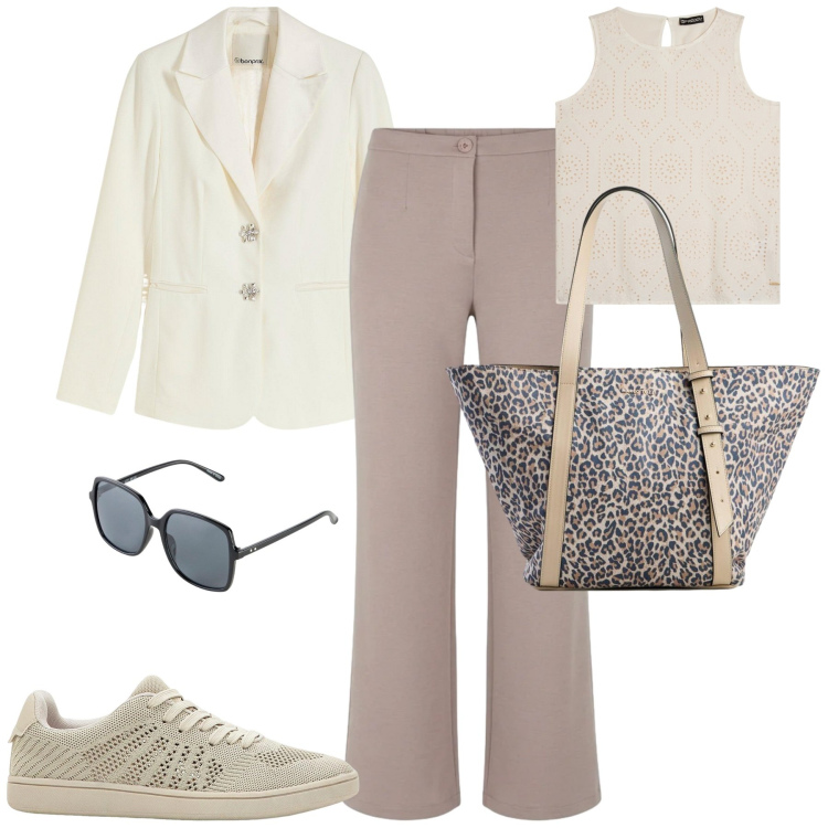 Outfit donna - Aprile. Stile Casual chic per Tutti i giorni. Abbinamento con sneakers, blazer, shopping bag, occhiali da sole, pantaloni, canottiere.