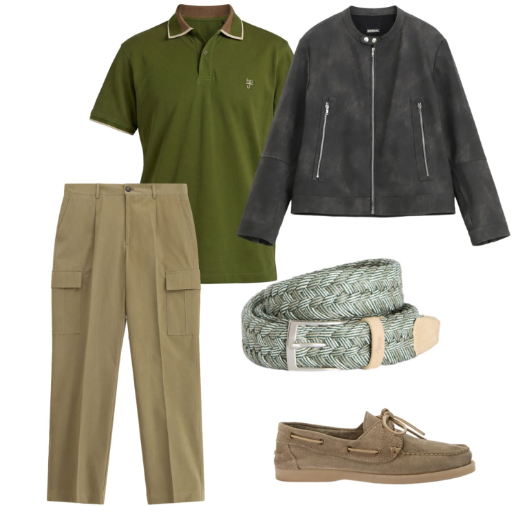 Outfit uomo - Casual. per Ufficio. Abbinamento con pantaloni cargo, giacche, scarpe stringate, cinture, polo.