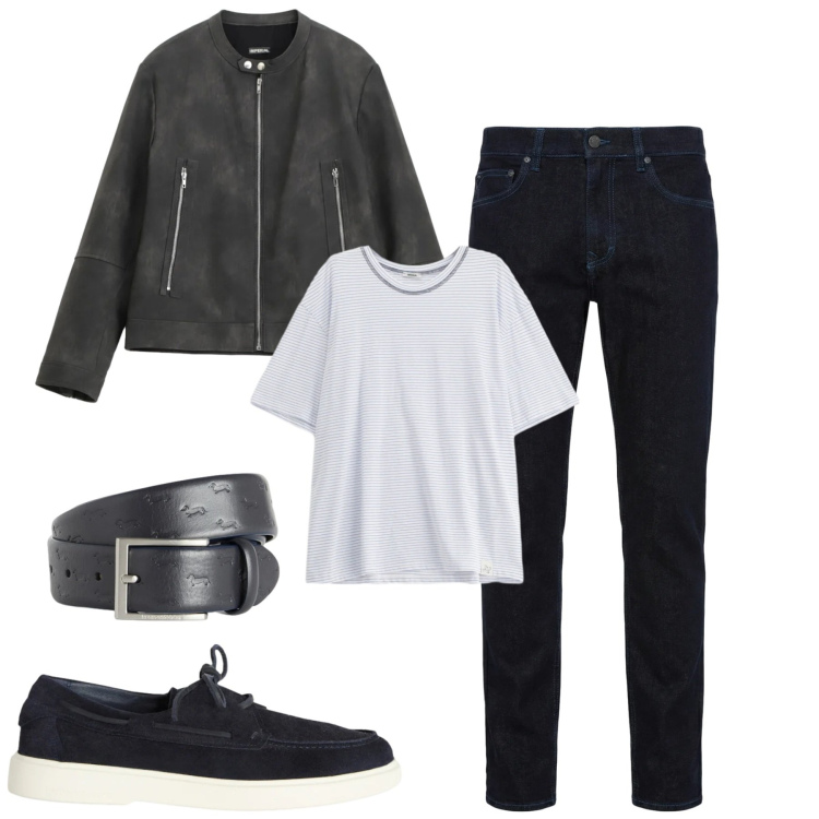 Outfit uomo - Aprile. Stile Casual per Tutti i giorni. Abbinamento con t-shirt, giacche, jeans, scarpe stringate, cinture.