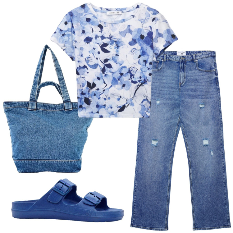 Outfit donna - Total look #2387591. Stile Casual per Tutti i giorni. Abbinamento con ciabatte, shopping bag, jeans strappati, t-shirt.