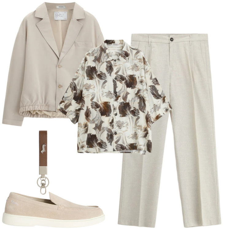 Outfit uomo - Aperitivo. Stile Trendy per Serata speciale. Abbinamento con camicie a manica corta, giacche, pantaloni, portachiavi, scarpe stringate.