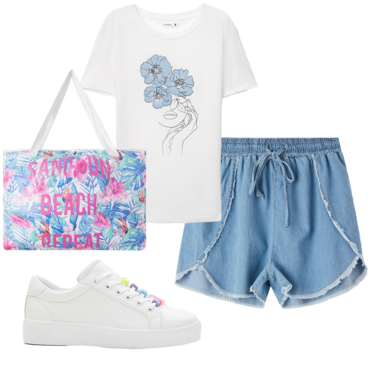 Outfit donna - Total look #2387597. Stile Casual per Mare. Abbinamento con sneakers, t-shirt, shorts, borse tote.