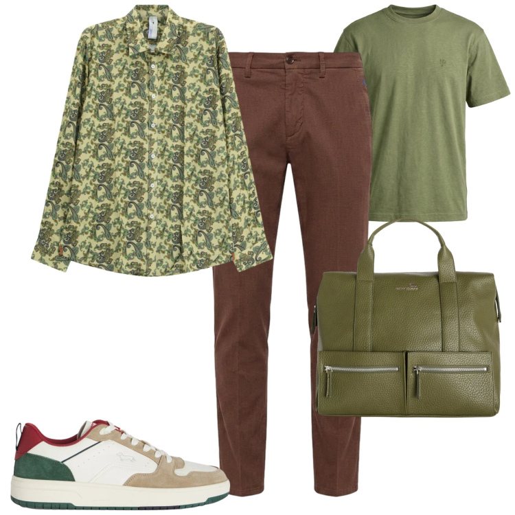 Outfit uomo - Aprile. Stile Urban per Tutti i giorni. Abbinamento con camicie, sneakers, borse sportive, t-shirt, pantaloni chino.