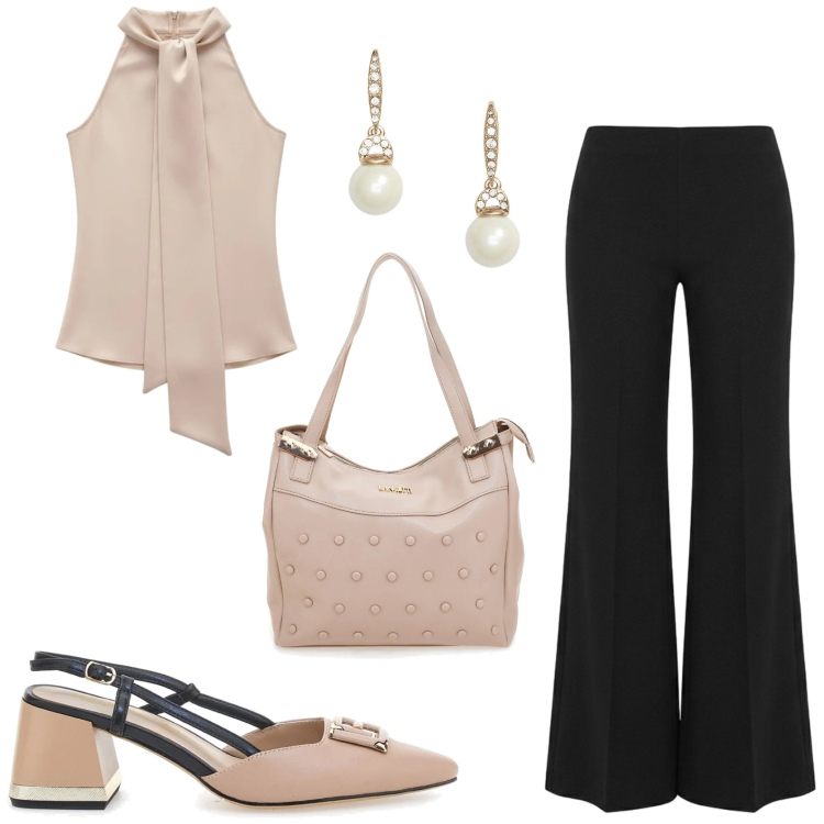 Outfit donna - Come mi vesto in ufficio. Stile Chic per Ufficio. Abbinamento con top, pantaloni a palazzo, orecchini, décolleté, shopping bag.
