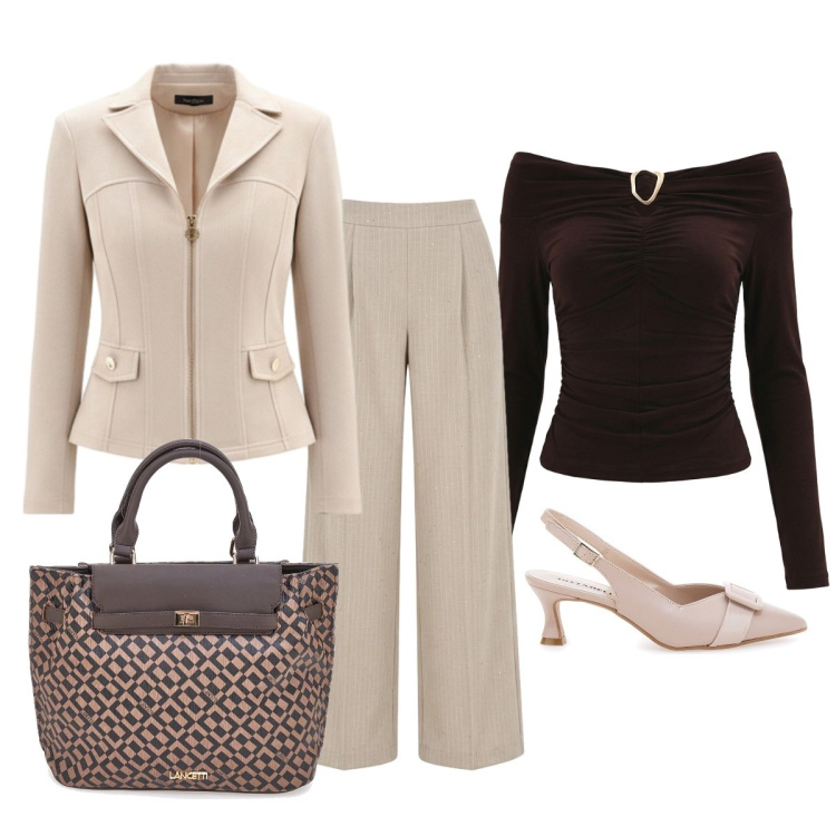 Outfit donna - Cena di lavoro. Stile Chic per Serata fuori. Abbinamento con bluse, blazer, pantaloni a palazzo, décolleté, borse a mano.