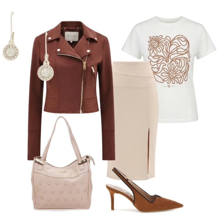 Outfit donna - In ufficio. Stile Chic per Ufficio. Abbinamento con t-shirt, gonne longuette, giacche, orecchini, shopping bag, décolleté.