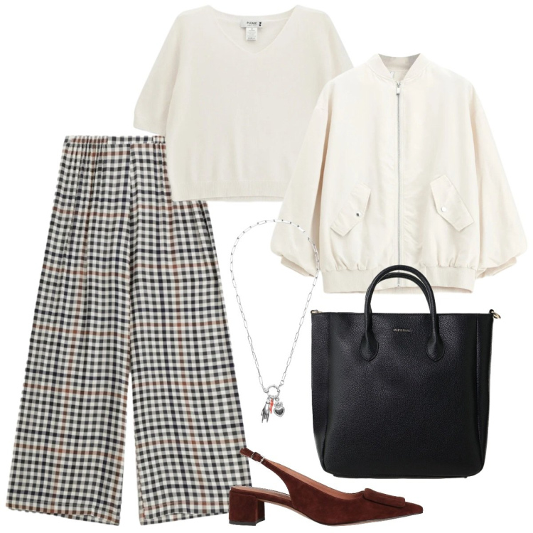 Outfit donna - I quadretti per tutti i giorni. Stile Urban per Ufficio. Abbinamento con décolleté, pantaloni a palazzo, bomber, borse a tracolla, maglieria, ciondoli.