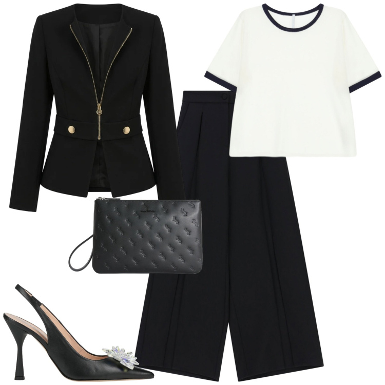 Outfit donna - A cena. Stile Chic per Serata fuori. Abbinamento con décolleté, pantaloni a palazzo, t-shirt, blazer, anelli.