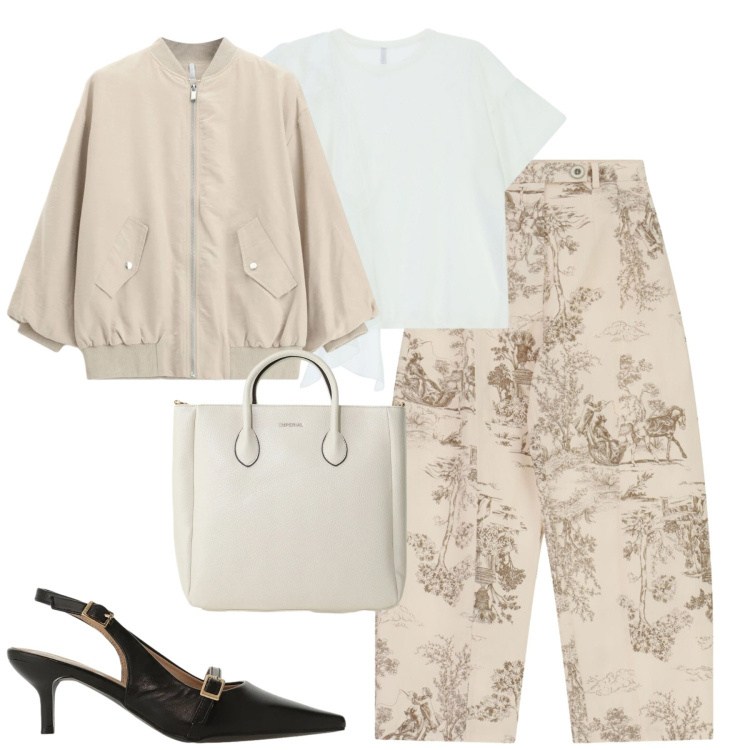Outfit donna - City. Stile Urban per Tutti i giorni. Abbinamento con pantaloni a palazzo, sandali col tacco, bomber, borse a tracolla, t-shirt.