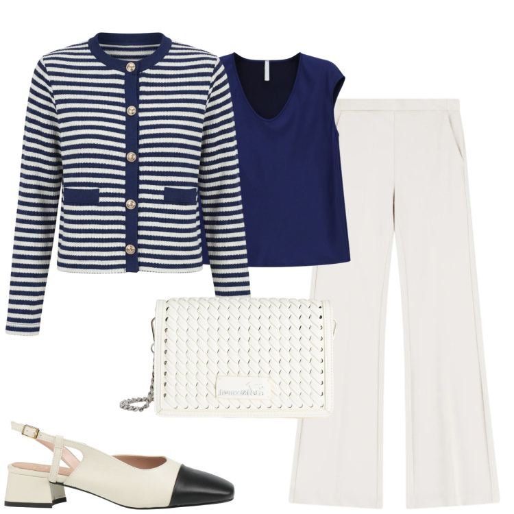 Outfit donna - Marinaire. Stile Casual chic per Tutti i giorni. Abbinamento con décolleté, pantaloni, top, cardigans, borse a tracolla.