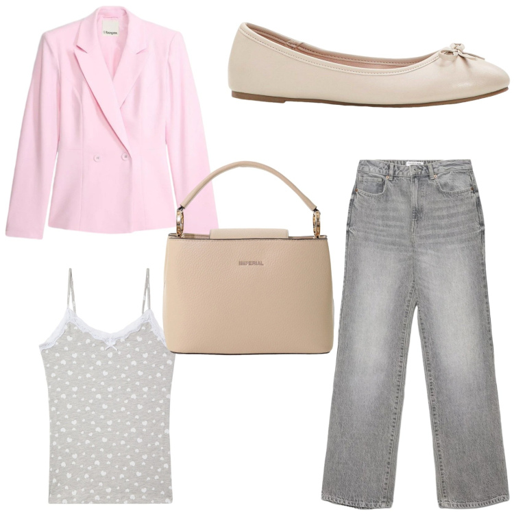 Outfit donna - Denim mania. Stile Romantica per Tutti i giorni. Abbinamento con ballerine, blazer, magliette intime, jeans dritti, borse a secchiello.