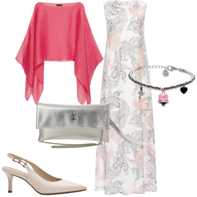 Outfit donna - Aprile. Stile Chic per Serata fuori. Abbinamento con vestiti lunghi, décolleté, borse a tracolla, blazer, braccialetti.