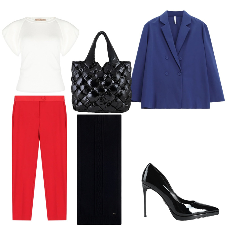 Outfit donna - Pomeriggio per negozi. Stile Casual per Tutti i giorni. Abbinamento con décolleté, pantaloni, blazer, t-shirt, sciarpe, borse tote.