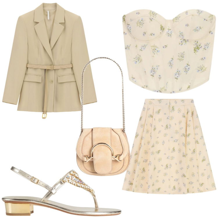 Outfit donna - Delicatezza floreale. Stile Romantica per Cerimonia. Abbinamento con infradito, marsupi, top, gonne longuette, blazer.
