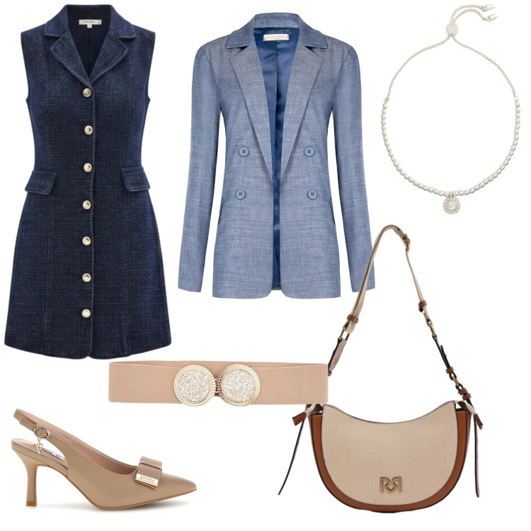 Outfit donna - Look blu. Stile Casual chic per Ufficio. Abbinamento con borse a tracolla, blazer, cinture, vestiti corti, braccialetti, décolleté.
