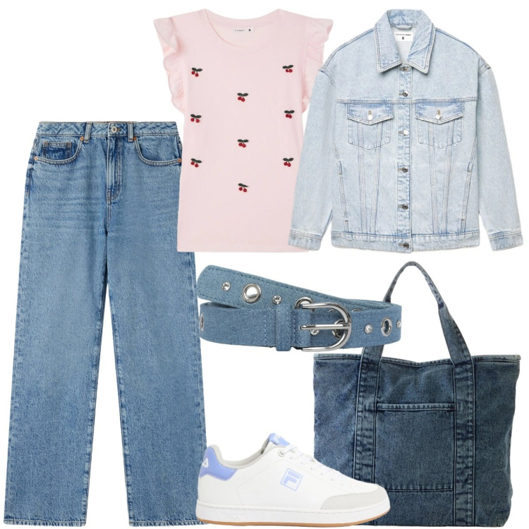 Outfit donna - Denim chiaro in primavera. Stile Casual chic per Tutti i giorni. Abbinamento con shopping bag, sneakers, t-shirt, cinture, jeans dritti, cappotti.