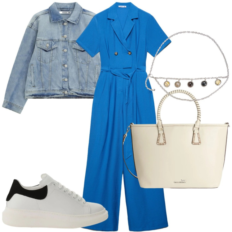Outfit donna - Denim chiaro di primavera: la giacca. Stile Trendy per Tutti i giorni. Abbinamento con tute, cinture, blazer, shopping bag, sneakers.