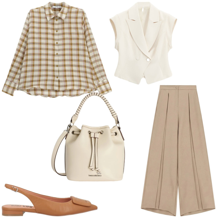 Outfit donna - Copia il look. Stile Trendy per Tutti i giorni. Abbinamento con ballerine, gilet, pantaloni a palazzo, camicie, borse a secchiello.