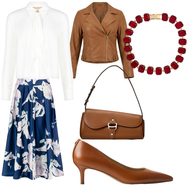 Outfit donna - Blu e cuoio. Stile Bon Ton per Ufficio. Abbinamento con gonne longuette, camicie, giacche, borse a spalla, décolleté, braccialetti.