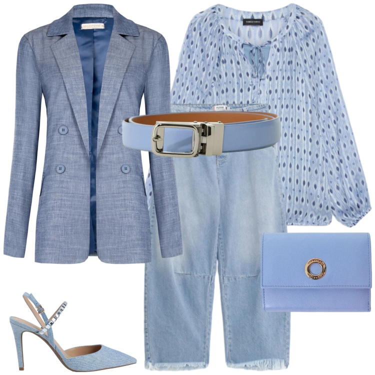 Outfit donna - Denim elegante. Stile Casual chic per Ufficio. Abbinamento con décolleté, bluse, jeans, portafogli, cinture, blazer.