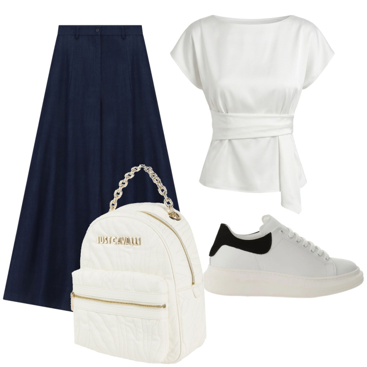 Outfit donna - Tempo libero. Stile Casual per Tutti i giorni. Abbinamento con zaini, pantaloni a palazzo, sneakers, bluse.