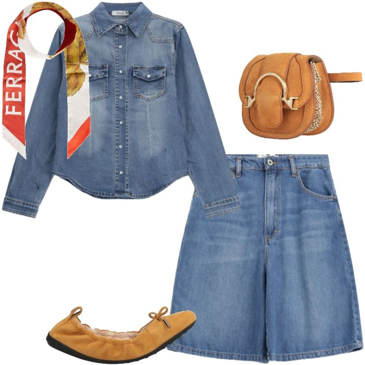 Outfit donna - Il denim abbinato al giallo ocra. Stile Basic per Tutti i giorni. Abbinamento con marsupi, sciarpe, ballerine, bermuda, camicie.