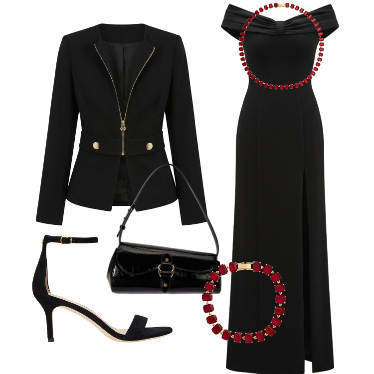 Outfit donna - Rouge&black. Stile Chic per Cerimonia. Abbinamento con vestiti lunghi, blazer, borse a spalla, braccialetti, collane, sandali in pelle.