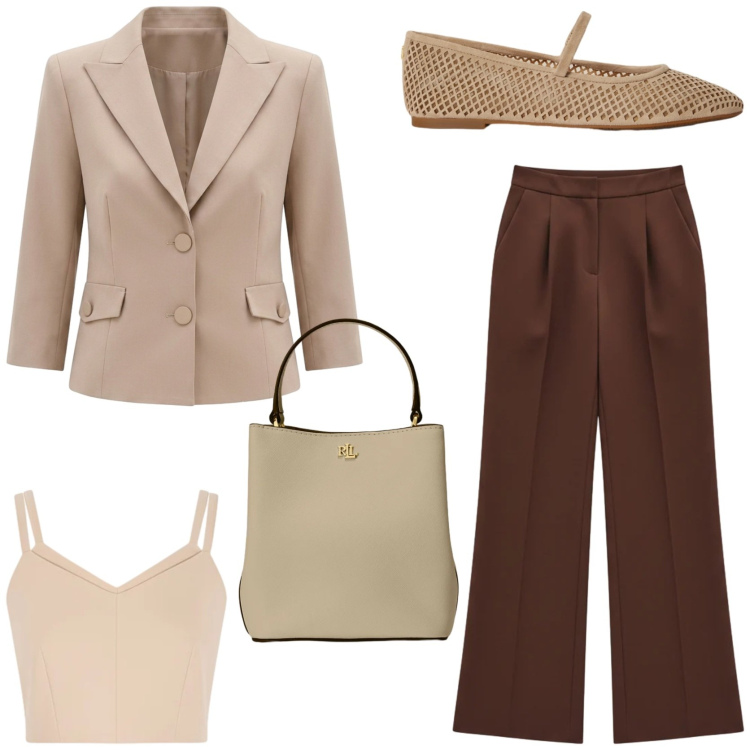 Outfit donna - Workwear. Stile Chic per Ufficio. Abbinamento con pantaloni a palazzo, top, blazer, borse a secchiello, ballerine.